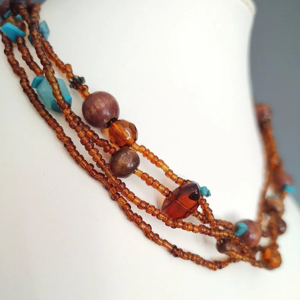 Amber and blue tones-seed bead and wood bead multi strand necklace